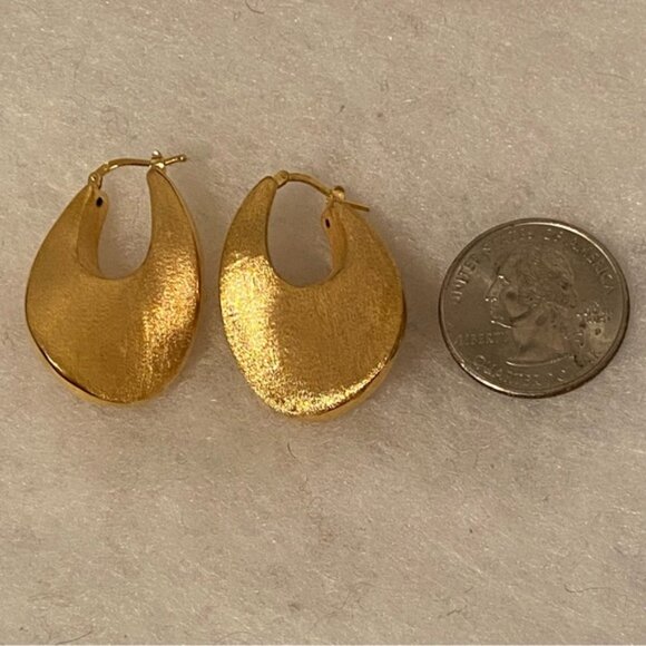 EARRINGS 925 GOLD VERMEIL STERLING SILVER BRUSHED MODERNIST HOOP DROP LEVER - Picture 6 of 9